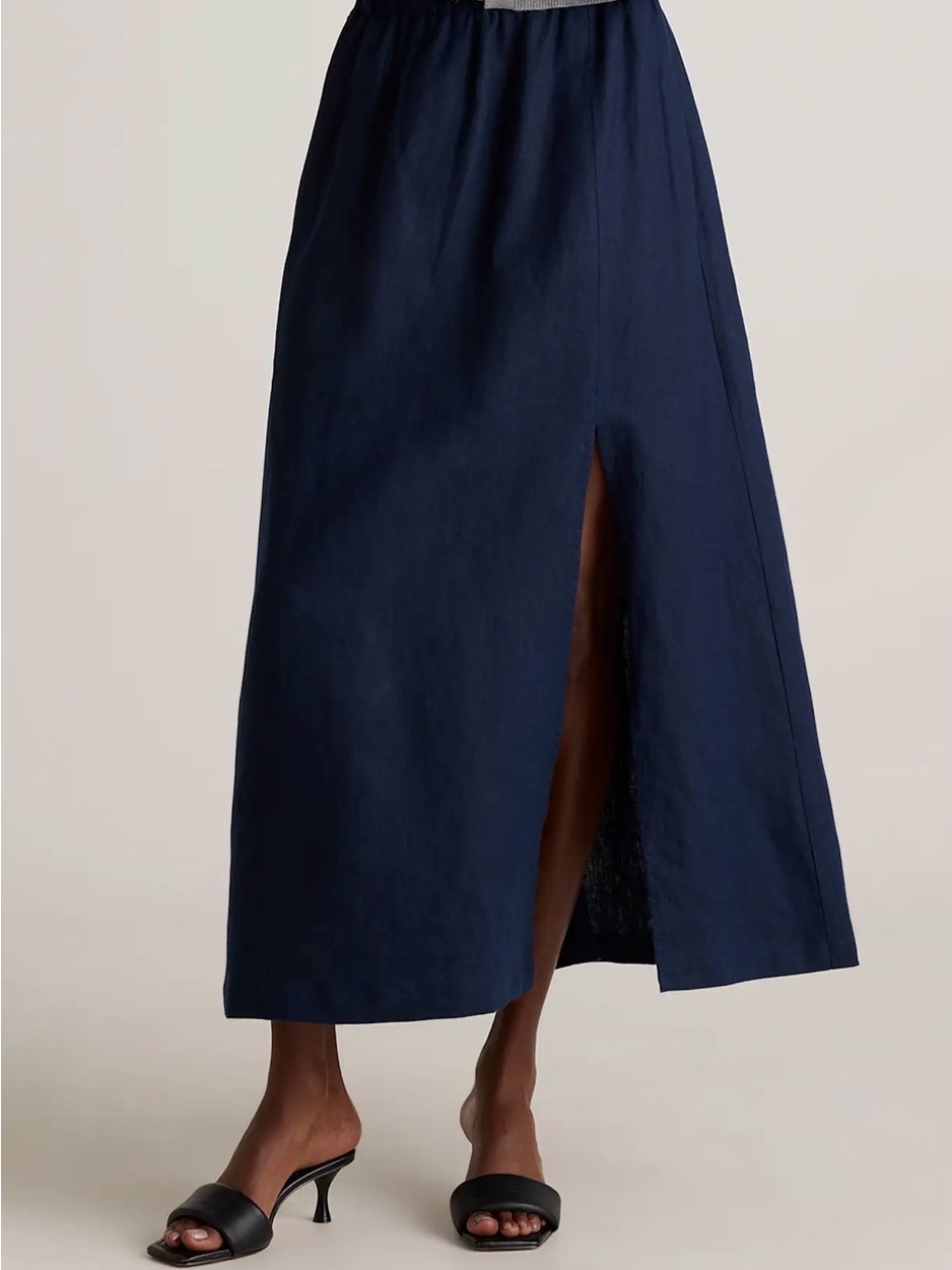 Quince Navy Linen Maxi Skirt With Center Front Slit